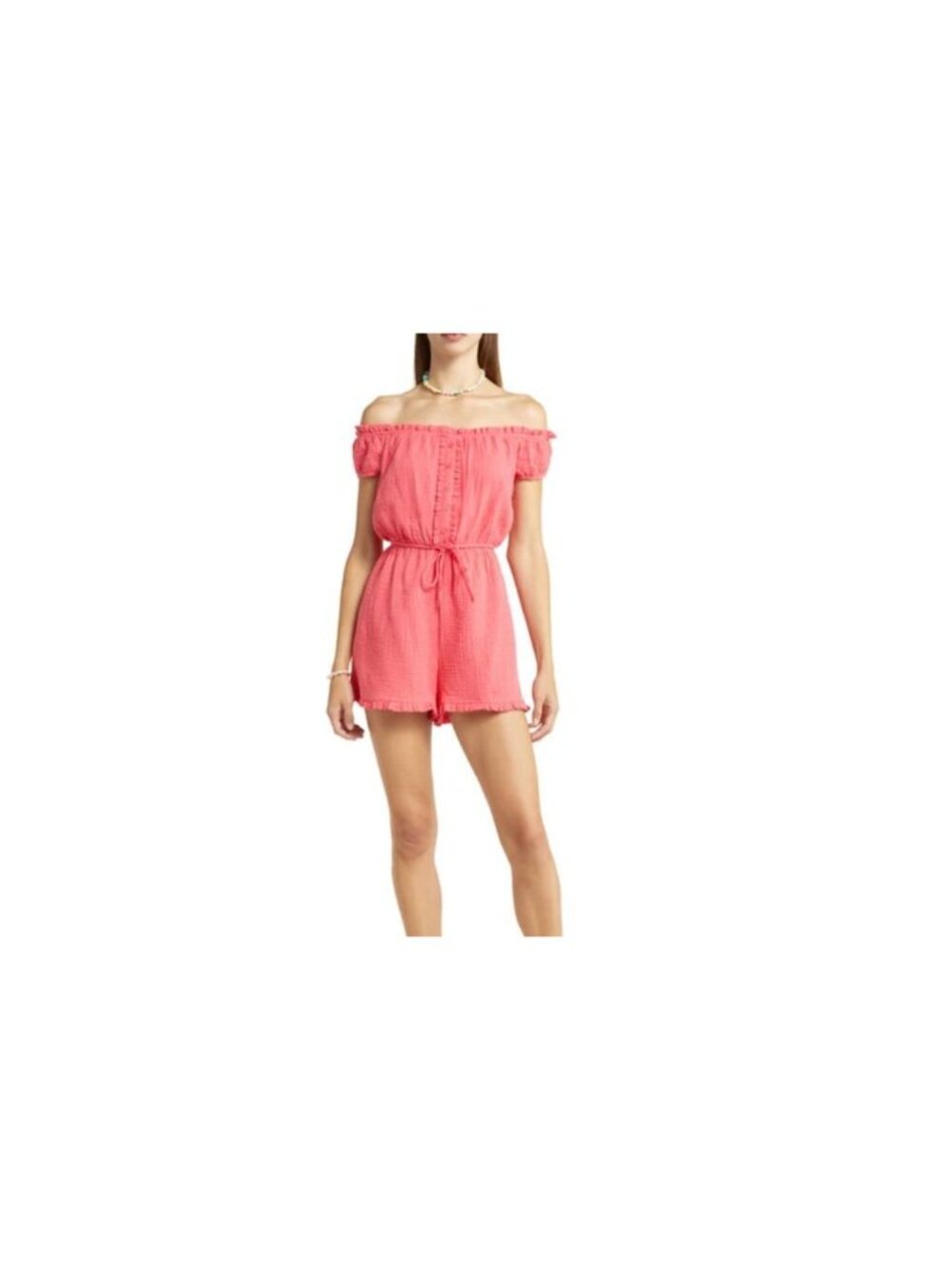 BP. Coral Off-Shoulder Button-Front Ruffle Romper XXS - Picture 7 of 7
